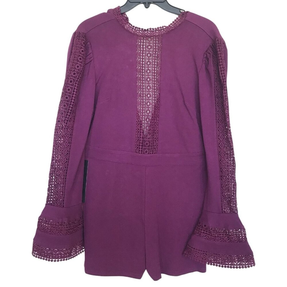 Bebe Short Romper Womens Size Large Purple Crochet Ruffle Bell Sleeve Open Back